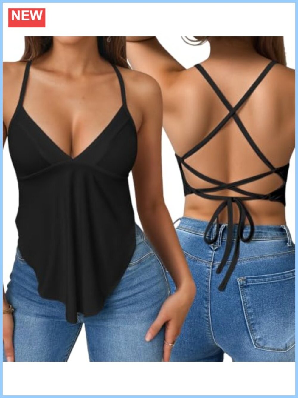Women's Sleeveless Tie Back Cami Top Summer Deep V Neck Backless Criss Cross